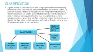 CLASSIFICATION
 A given dataset is classified into classes using supervised machine learning
techniques called classification, which are based on one or more factors. To
precisely forecast whether or not data will fall into predefined categories, a
classification issue can also be applied to both structured and unstructured
data.In machine learning, classification may necessitate two or more
categories within a given data set. As a result, it creates a likelihood score to
classify the data into a certain category, such male or female, red or green,
sickness or not, spam or not, and so on.
CLASSIFICATION
BINARY
DECISION
TREES
MULTIWAY
DECISION
TREES
CATEGORICAL
DECISION
TREES
REGRESSION
TREES
RANDOM
TREES
GRADIENT
BOOSTING
TREES
 