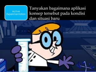 Tanyakan bagaimana aplikasi
konsep tersebut pada kondisi
dan situasi baru
Active
Experimentation
 