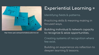 Experiential Learning =
Identifying fields & patterns.
Practicing skills & meaning making in
focused ways.
Building individual & network capacity
to recognize & seize opportunities.
Creating systems of recognition where
few exist.
Building on experience via reflection to
deepen learning & lessons.
http://www.upei.ca/experientialeducation/ex-ed
 