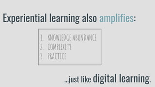 Experiential learning also amplifies:
1. KNOWLEDGE ABUNDANCE
2. COMPLEXITY
3. PRACTICE
...just like digital learning.
 