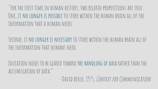 "For the first time in human history, two related propositions are true.
One, it no longer is possible to store within the human brain all of the
information that a human needs.
Second, it no longer is necessary to store within the human brain all of
the information that humans need.
Education needs to be geared toward the handling of data rather than the
accumulation of data.”
- David Berlo, 1975, Context for Communication
 