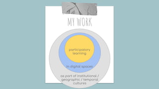 MY WORK
participatory
learning
in digital spaces
as part of institutional /
geographic / temporal
cultures
 
