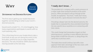 The first step is getting your leadership team
together and deciding on what is your event’s
desired outcome.
Sound overly simple? it is. It’s mind boggling how
many organizations participate in events with no
real reasoning why.
This critical step forces your leadership to take a
fresh look at why you are doing this event in the
first place, and forces you to make impactful
decisions. The why should be 100% clear before
moving outside to the next step.
Why
The president of a company with a yearly presence at
a major trade show vented frustration at the entire
process. When provoked to why go through all the
trouble, he explained, “You know, I really don’t know
why we do this, I guess because everyone else does?”
Provoking a deeper look into the desired outcome, the
leadership re-evaluated the show and determined that
the new specific focus would be on re-connecting with
their clients.
This small change had tremendous impact on their
planning process, resulting in many different decisions
being made to fulfill the outcome, vs. doing things the
same way as previous years.
The trade show would continue, but with a new
approach that takes advantage of the new vision, with
all facets of the business on board.
Desired
Outcome
Determine the Desired Outcome
“I really don’t know…”
 
