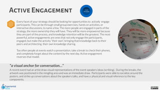 a visual anchor for conversation…”
A recent event had an artist draw visual representations of the event speakers ideas (scribing). During the breaks, the
artwork was positioned in the mingling area and was an immediate draw. Participants were able to socialize around the
posters, and strike up conversations about the speakers talks, and have a physical and visual reference to the key
components.
Active Engagement
Every facet of your strategy should be looking for opportunities to actively engage
participants. This can be through small group exercises, hands on activities, or
interactive discussions, to name a few. The more people are engaged in parts of the
strategy, the more ownership they will have. They will be more empowered because
they are part of the process, and knowledge retention will be the greatest. The most
powerful, active engagements are ones that not only engage the participants,
engaged, but make the activity “their own”, bringing that knowledge back to their
peers and architecting their own knowledge sharing.
Too often people at events watch a presentation, take a break to check their phones,
and completely forget about the content by the next day. Active engagement
reverses that model.
Core
Principles
 