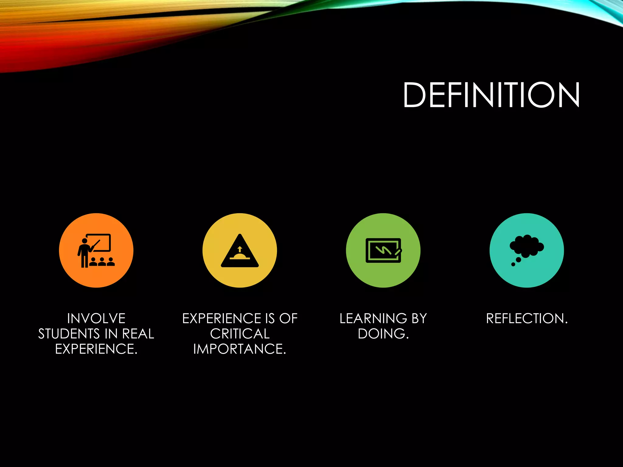 DEFINITION
INVOLVE
STUDENTS IN REAL
EXPERIENCE.
EXPERIENCE IS OF
CRITICAL
IMPORTANCE.
LEARNING BY
DOING.
REFLECTION.
 