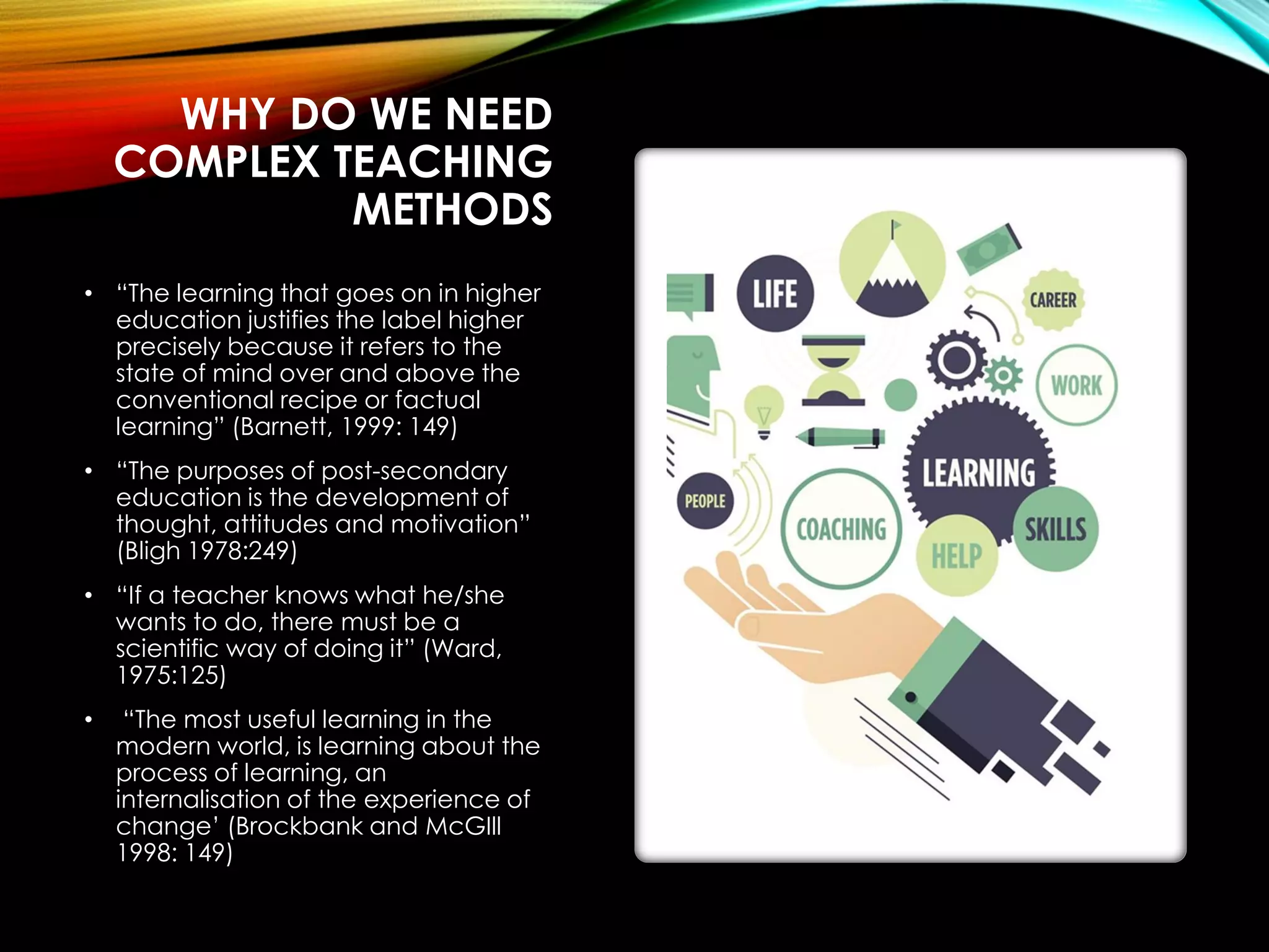 WHY DO WE NEED
COMPLEX TEACHING
METHODS
• “The learning that goes on in higher
education justifies the label higher
precisely because it refers to the
state of mind over and above the
conventional recipe or factual
learning” (Barnett, 1999: 149)
• “The purposes of post-secondary
education is the development of
thought, attitudes and motivation”
(Bligh 1978:249)
• “If a teacher knows what he/she
wants to do, there must be a
scientific way of doing it” (Ward,
1975:125)
• “The most useful learning in the
modern world, is learning about the
process of learning, an
internalisation of the experience of
change’ (Brockbank and McGIll
1998: 149)
 