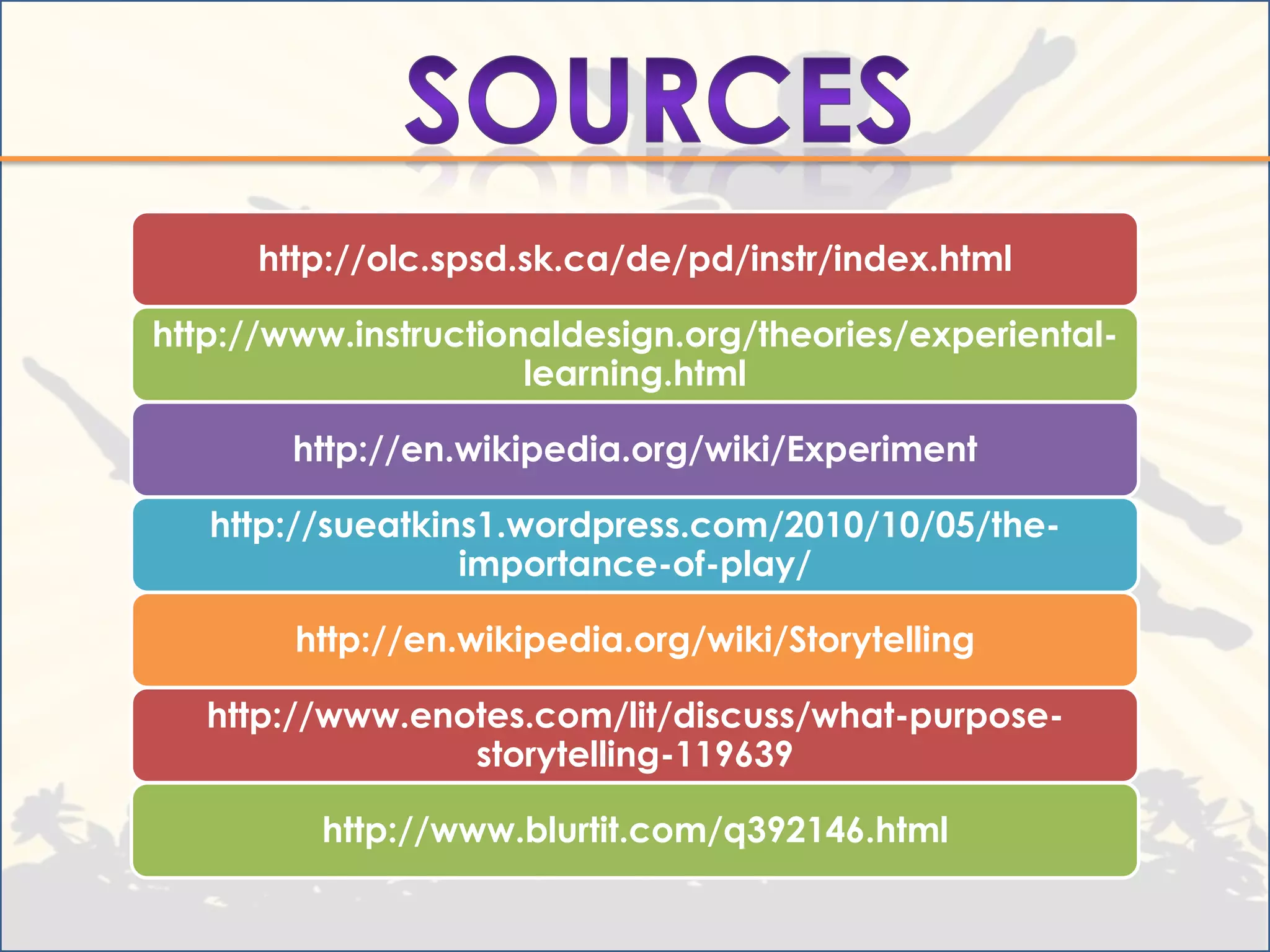 http://olc.spsd.sk.ca/de/pd/instr/index.html

http://www.instructionaldesign.org/theories/experiental-
                      learning.html

        http://en.wikipedia.org/wiki/Experiment

   http://sueatkins1.wordpress.com/2010/10/05/the-
                  importance-of-play/

        http://en.wikipedia.org/wiki/Storytelling

   http://www.enotes.com/lit/discuss/what-purpose-
                 storytelling-119639

         http://www.blurtit.com/q392146.html
 
