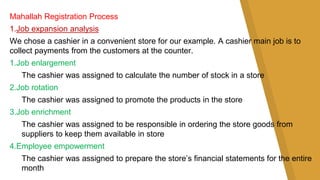 Mahallah Registration Process
1.Job expansion analysis
We chose a cashier in a convenient store for our example. A cashier main job is to
collect payments from the customers at the counter.
1.Job enlargement
The cashier was assigned to calculate the number of stock in a store
2.Job rotation
The cashier was assigned to promote the products in the store
3.Job enrichment
The cashier was assigned to be responsible in ordering the store goods from
suppliers to keep them available in store
4.Employee empowerment
The cashier was assigned to prepare the store’s financial statements for the entire
month
 