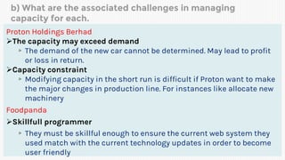 b) What are the associated challenges in managing
capacity for each.
Proton Holdings Berhad
The capacity may exceed demand
▹ The demand of the new car cannot be determined. May lead to profit
or loss in return.
Capacity constraint
▹ Modifying capacity in the short run is difficult if Proton want to make
the major changes in production line. For instances like allocate new
machinery
Foodpanda
Skillfull programmer
▹They must be skillful enough to ensure the current web system they
used match with the current technology updates in order to become
user friendly
 