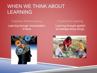 WHEN WE THINK ABOUT
LEARNING
Cognitive/ Memorisationg Experiential Learning
Learning through memorisation
of facts
Learning through applied
knowledge doing things.
 