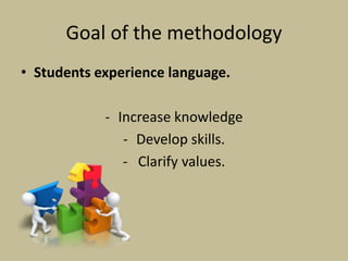 Goal of the methodology
• Students experience language.
- Increase knowledge
- Develop skills.
- Clarify values.
 