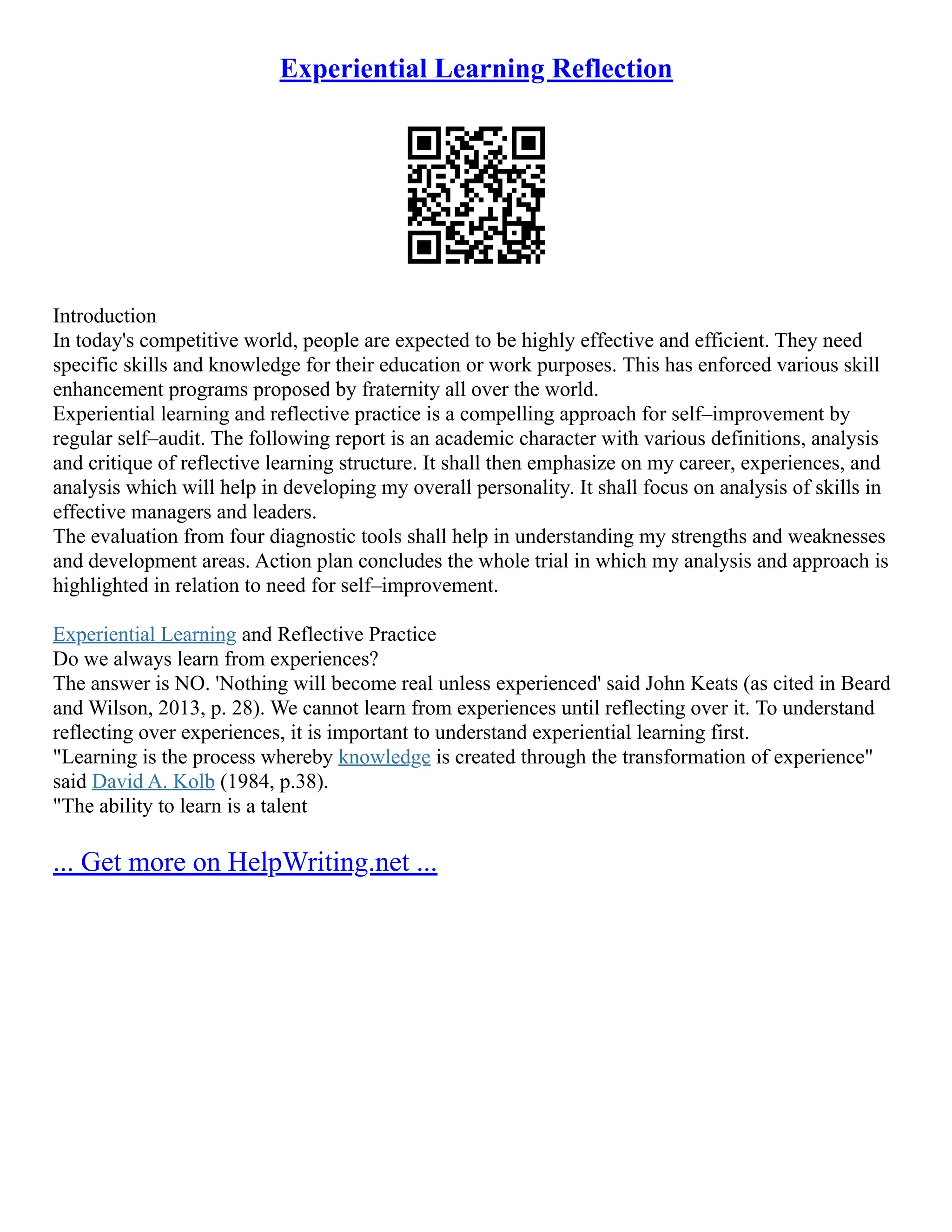 Experiential Learning Reflection | PDF