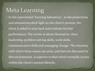  In the experiential 'learning laboratory", as the projections

  and simulations shed light on the client’s process, the
  client is asked to step back and evaluate his/her
  performance. The review is about themselves, their
  leadership, problem solving skills, work skills,
  communication skills and managing change. The intensity
  with which these issues can arise, and then be discussed in
  this environment, is superior to that which normally occurs
  within the client’s normal lifestyle.
 