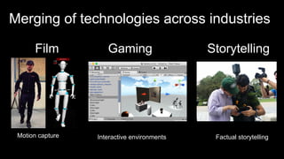 Merging of technologies across industries
Film
Motion capture
Gaming
Interactive environments
Storytelling
Factual storytelling
 