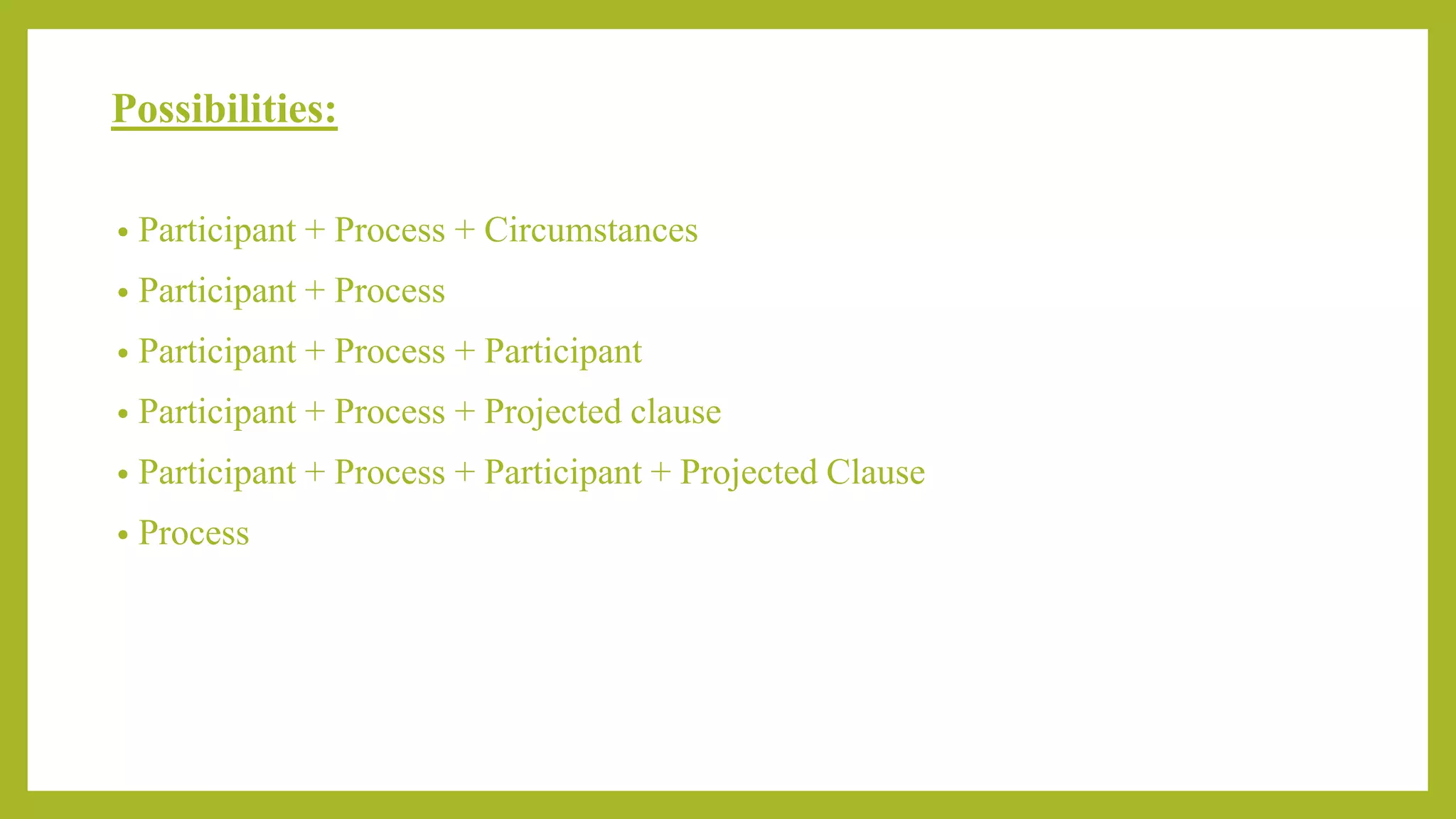 Possibilities:
• Participant + Process + Circumstances
• Participant + Process
• Participant + Process + Participant
• Participant + Process + Projected clause
• Participant + Process + Participant + Projected Clause
• Process
 