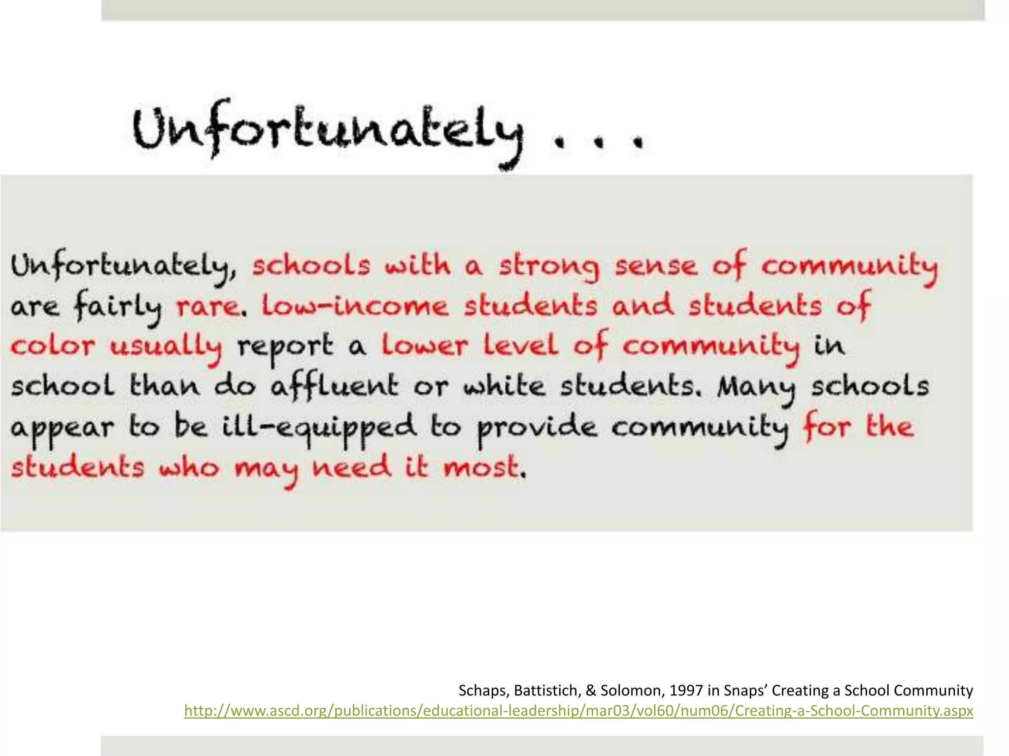 Schaps, Battistich, & Solomon, 1997 in Snaps’ Creating a School Community
http://www.ascd.org/publications/educational-leadership/mar03/vol60/num06/Creating-a-School-Community.aspx
 