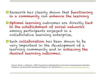 Vesely, P., Bloom, L. & Sherlock, J. (2007). Key Elements of Building Online Community: Comparing Faculty and Student
Perceptions. Journal of Online Learning and Teaching, 3, (3). Retrived from http://jolt.merlot.org/vol3no3/vesely.htm.
 