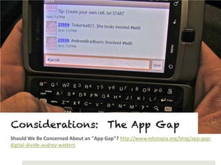 Should We Be Concerned About an "App Gap"? http://www.edutopia.org/blog/app-gap-
digital-divide-audrey-watters
 