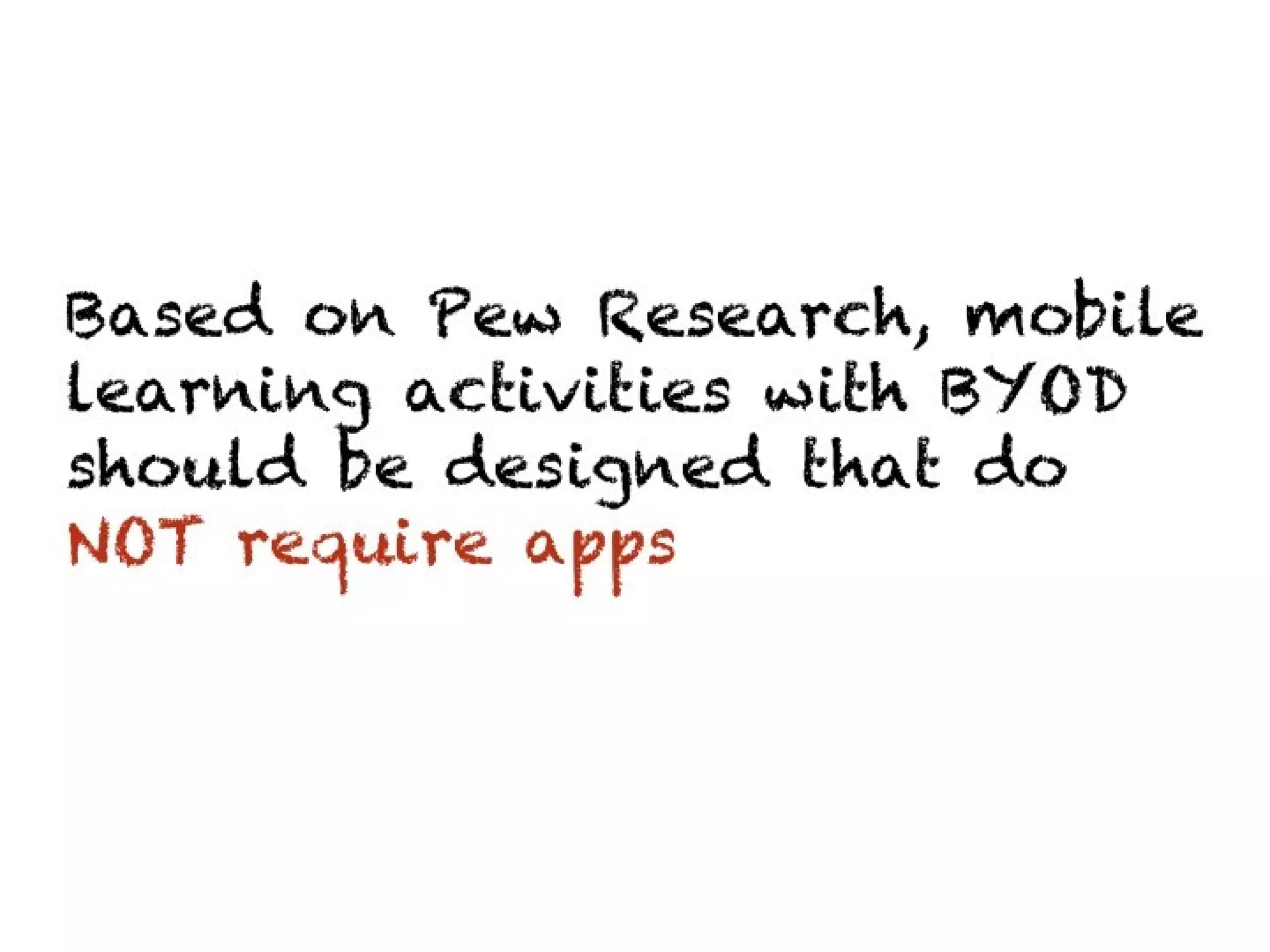 Based on Pew Research, mobile
learning activities with BYOD should be
designed that do NOT require apps
 