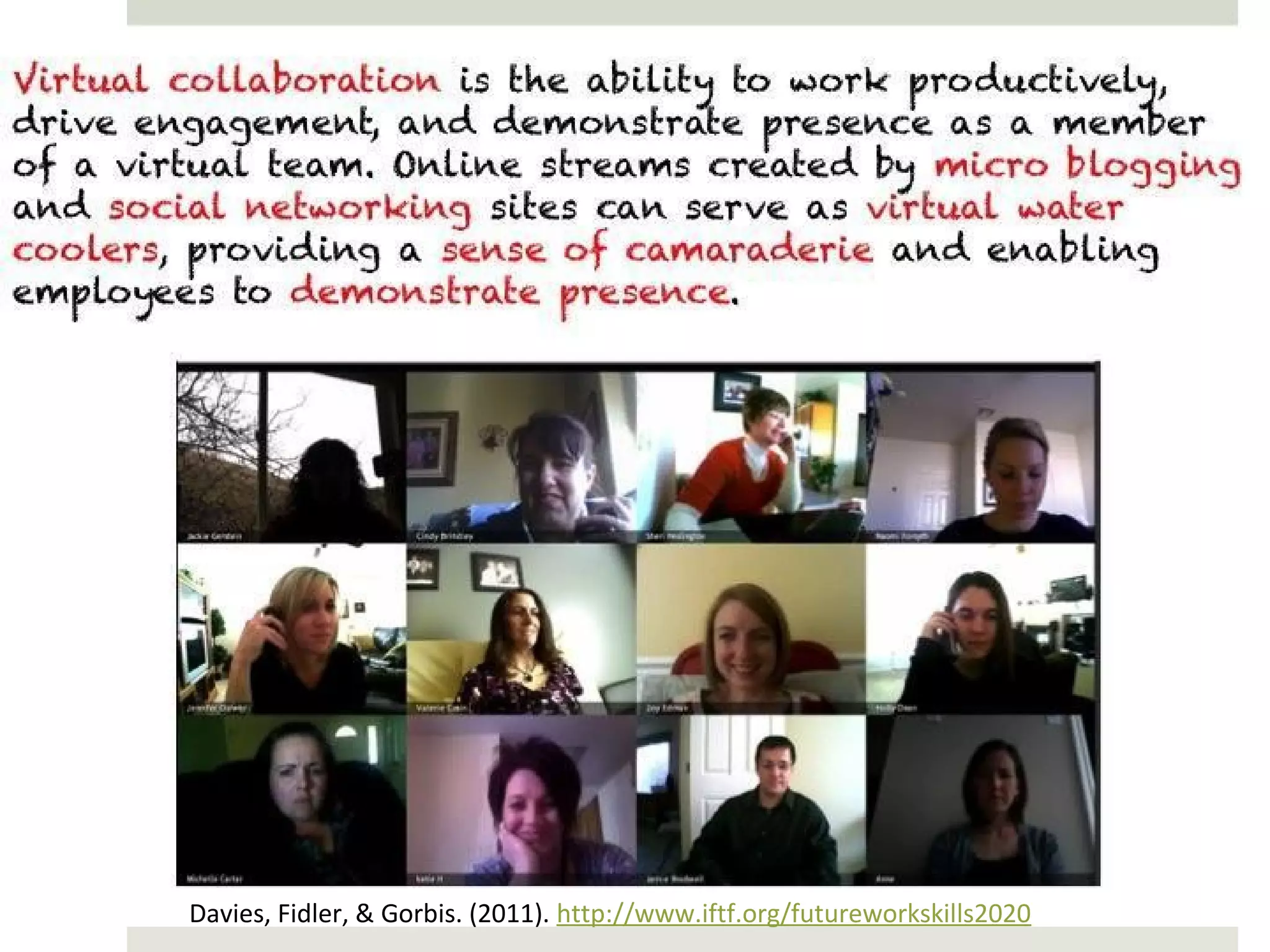 Virtual collaboration is the ability to work productively, drive engagement, and
demonstrate presence as a member of a virtual team. Online streams created
by micro blogging and social networking sites can serve as virtual water
coolers, providing a sense of camaraderie and enabling employees to
demonstrate presence.




           Davies, Fidler, & Gorbis. (2011). http://www.iftf.org/futureworkskills2020
 
