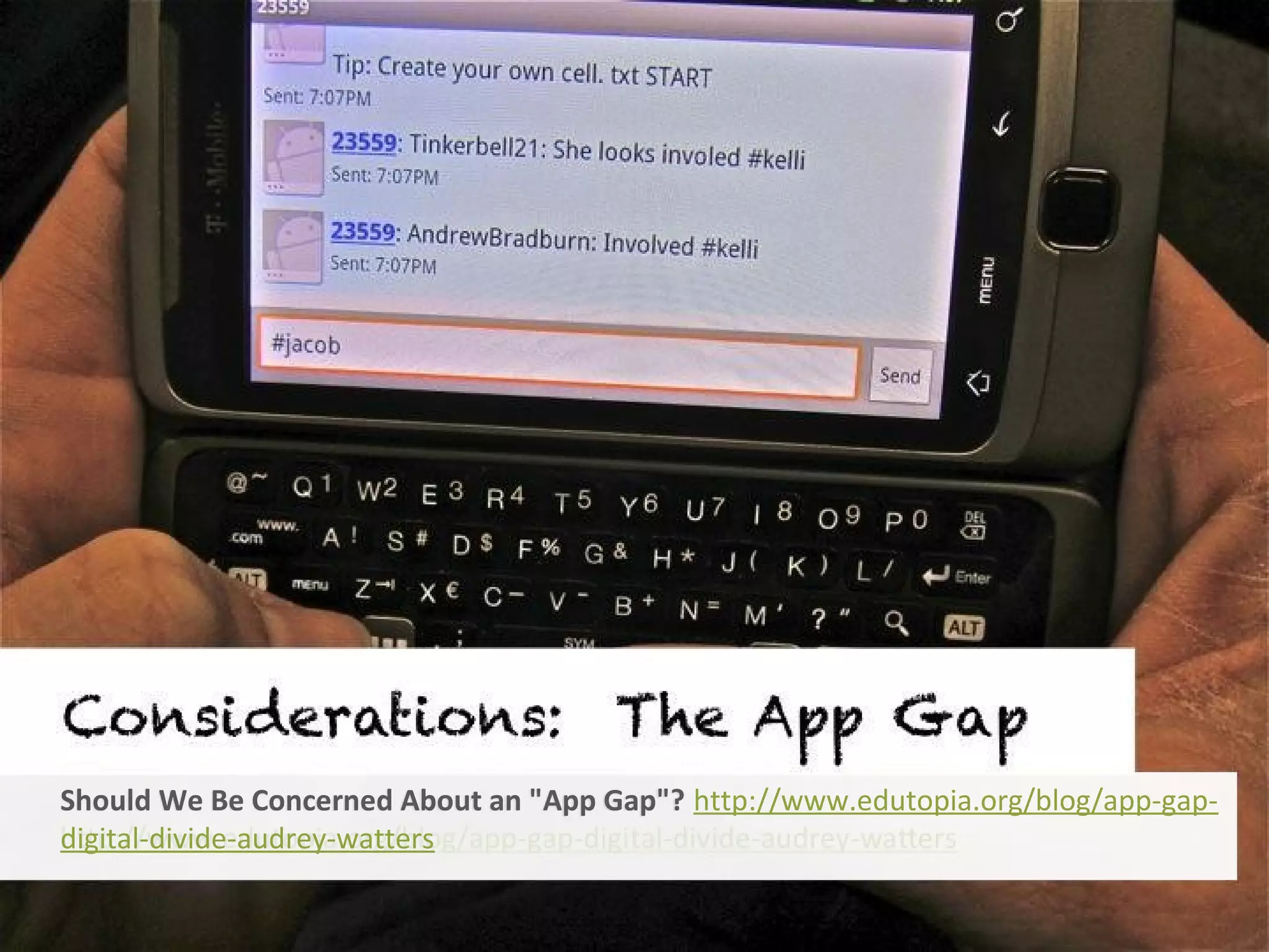 Should We Be Concerned About an "App Gap"? http://www.edutopia.org/blog/app-gap-
digital-divide-audrey-watters
 