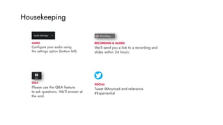AUDIO
Configure your audio using
the settings option (bottom left).
Q&A
Please use the Q&A feature
to ask questions. We’ll answer at
the end.
RECORDING & SLIDES
We’ll send you a link to a recording and
slides within 24 hours.
SOCIAL
Tweet @Anyroad and reference
#Experiential
Housekeeping
 