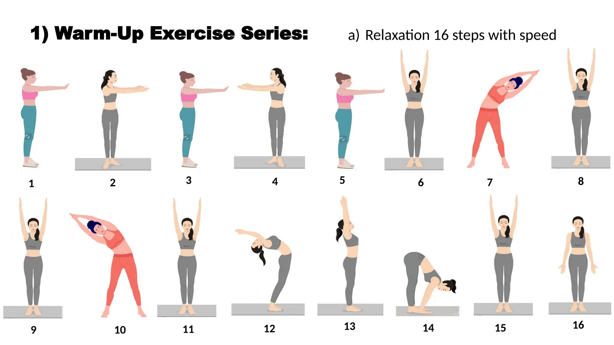 Perform warming up exercises to prepare the body from head to toe for ...
