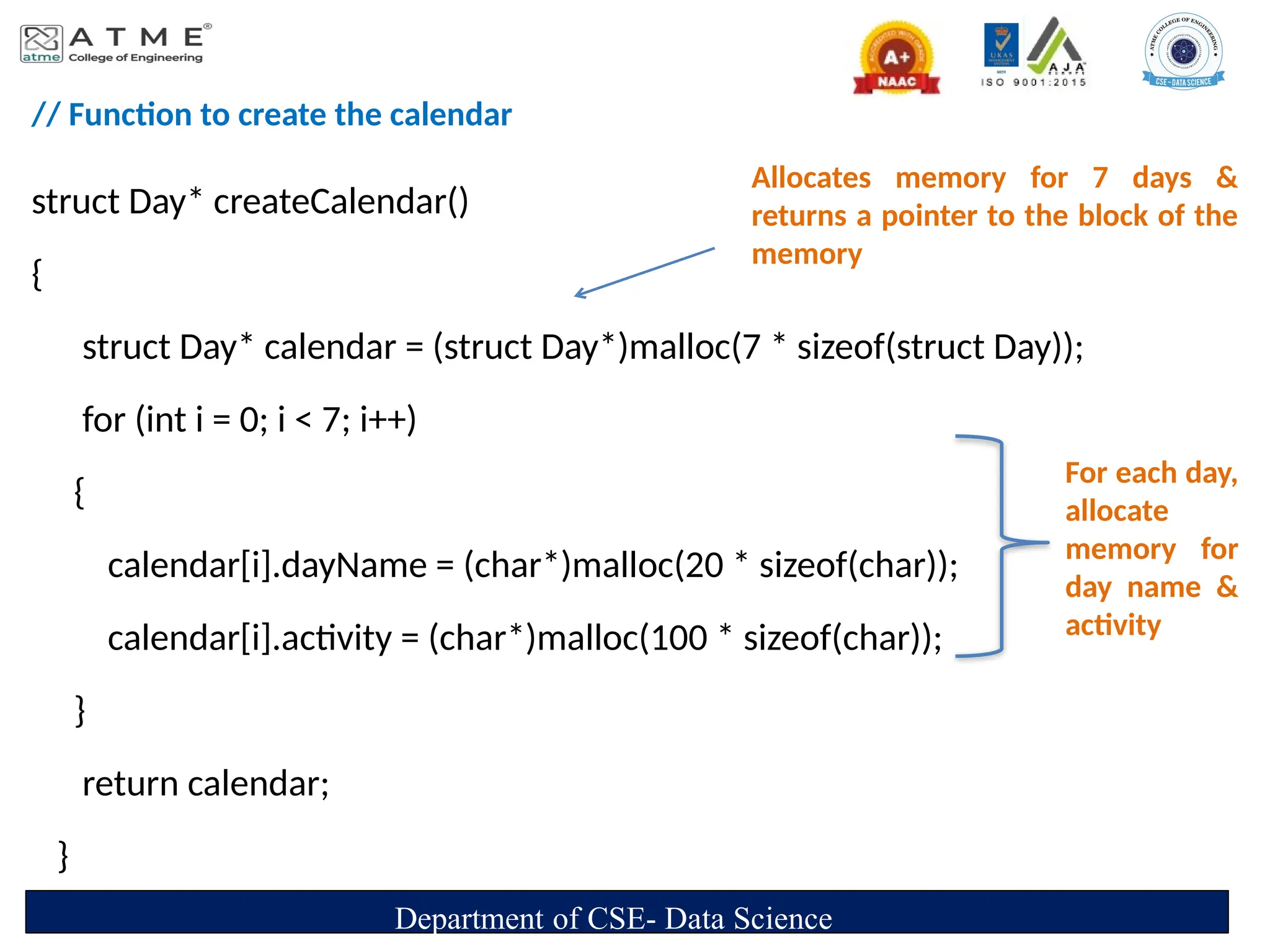 // Function to create the calendar
struct Day* createCalendar()
{
struct Day* calendar = (struct Day*)malloc(7 * sizeof(struct Day));
for (int i = 0; i < 7; i++)
{
calendar[i].dayName = (char*)malloc(20 * sizeof(char));
calendar[i].activity = (char*)malloc(100 * sizeof(char));
}
return calendar;
}
Department of CSE- Data Science
Allocates memory for 7 days &
returns a pointer to the block of the
memory
For each day,
allocate
memory for
day name &
activity
 