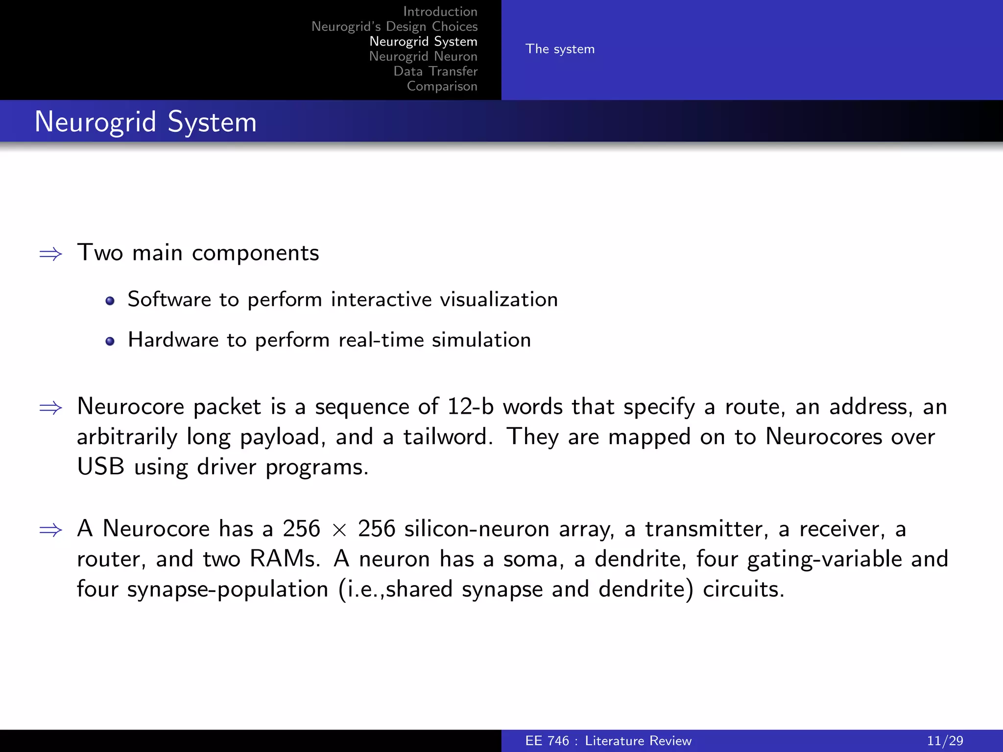 Introduction 
Neurogrid's Design Choices 
Neurogrid System 
Neurogrid Neuron 
Data Transfer 
Comparison 
The system 
Neurogrid System 
) Two main components 
Software to perform interactive visualization 
Hardware to perform real-time simulation 
) Neurocore packet is a sequence of 12-b words that specify a route, an address, an 
arbitrarily long payload, and a tailword. They are mapped on to Neurocores over 
USB using driver programs. 
) A Neurocore has a 256  256 silicon-neuron array, a transmitter, a receiver, a 
router, and two RAMs. A neuron has a soma, a dendrite, four gating-variable and 
four synapse-population (i.e.,shared synapse and dendrite) circuits. 
EE 746 : Literature Review 11/29 
 