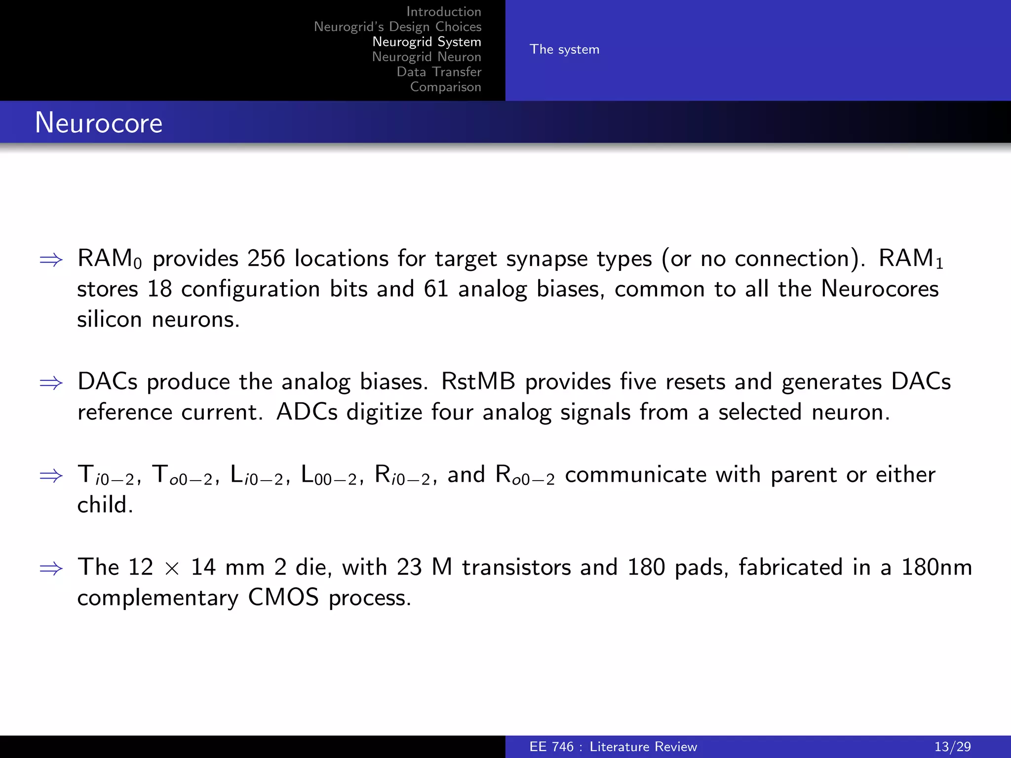 Introduction 
Neurogrid's Design Choices 
Neurogrid System 
Neurogrid Neuron 
Data Transfer 
Comparison 
The system 
Neurocore 
) RAM0 provides 256 locations for target synapse types (or no connection). RAM1 
stores 18 con 