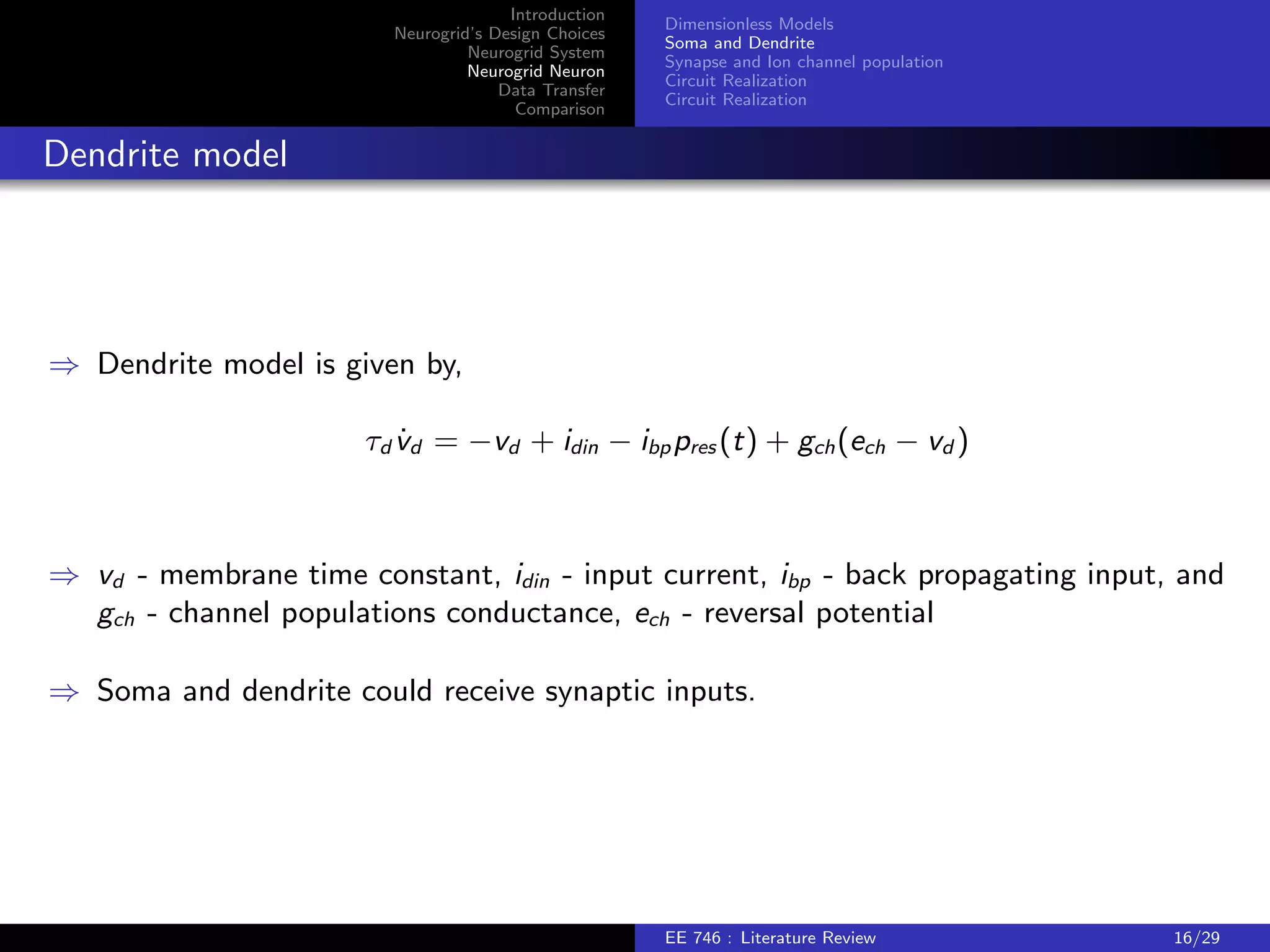 Introduction 
Neurogrid's Design Choices 
Neurogrid System 
Neurogrid Neuron 
Data Transfer 
Comparison 
Dimensionless Models 
Soma and Dendrite 
Synapse and Ion channel population 
Circuit Realization 
Circuit Realization 
Passive membrane model 
) Models composed of conductors, capacitors, voltage, and current sources may be 
converted to dimensionless form. 
) A passive membrane model is given by, 
C _V 
= Gleak (V  Eleak ) + Iin 
) Change the reference voltage to Eleak and normalize with GleakVn to give 
v_ = v + u 
EE 746 : Literature Review 14/29 
 
