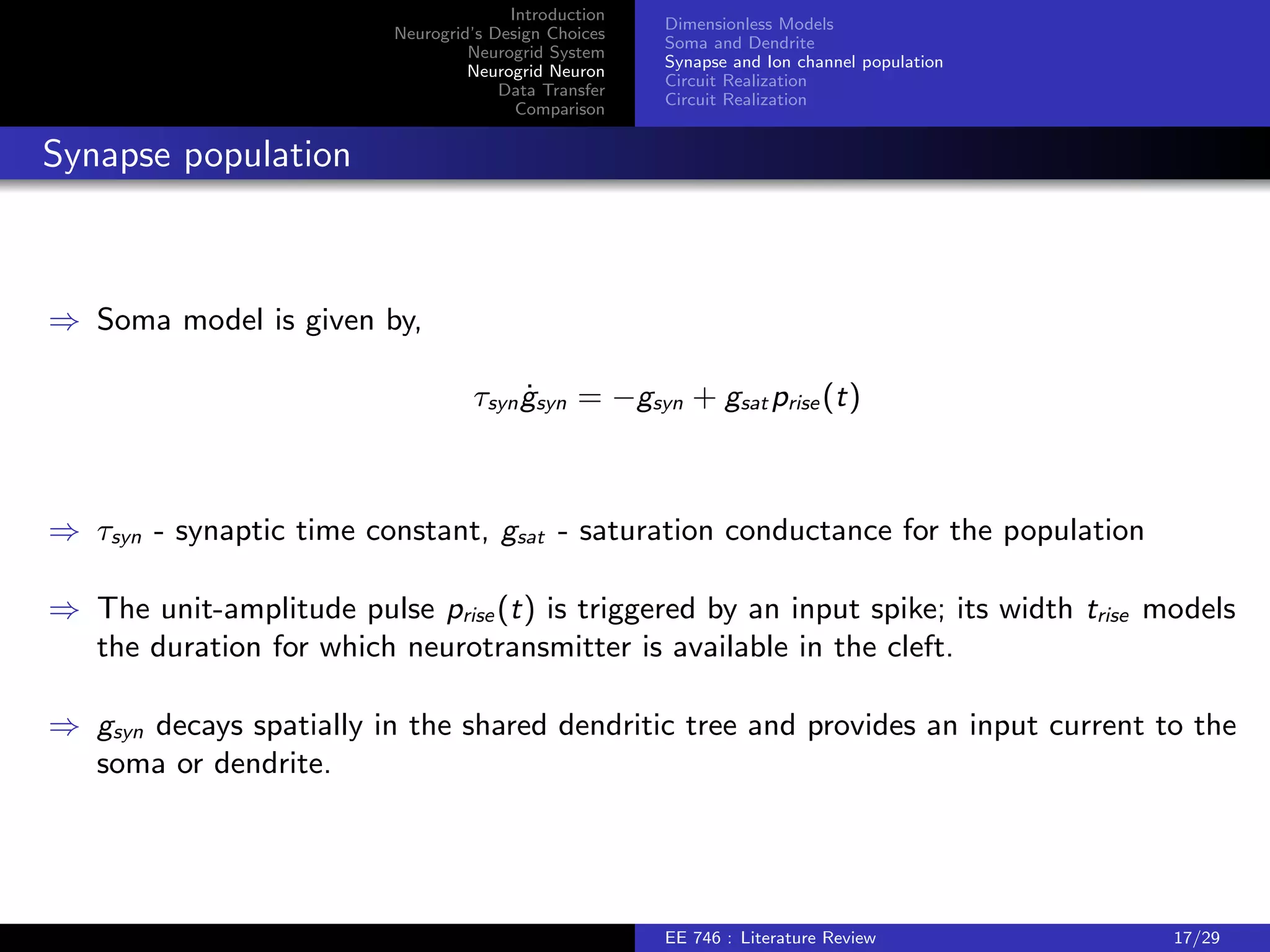 Introduction 
Neurogrid's Design Choices 
Neurogrid System 
Neurogrid Neuron 
Data Transfer 
Comparison 
Dimensionless Models 
Soma and Dendrite 
Synapse and Ion channel population 
Circuit Realization 
Circuit Realization 
Soma model 
) Soma model is given by, 
sv_s = vs + isin + 
1 
2 
v2 
s  gkvs  gresvspres (t) + vd 
) s - membrane time constant, isin - input current, vd - dendritic input. 
2 v2 
) Quadratic positive feedback 1 
s models the spike-generating sodium current 
) The reset conductance gres , active for the duration tres of a unit-amplitude pulse pres , 
models the refractory period 
) High-threshold potassium conductance gK models spike-frequency adaptation. 
K g_K = gK + gK1pres (t) 
K - decay time constant, gK1 - saturation value 
EE 746 : Literature Review 15/29 
 