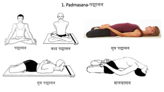 1. Padmasana-पद्मासन
पद्मासन बध्द पद्मासन
गुप्त पद्मासन
सुप्त पद्मासन
मत्स्यासन
 