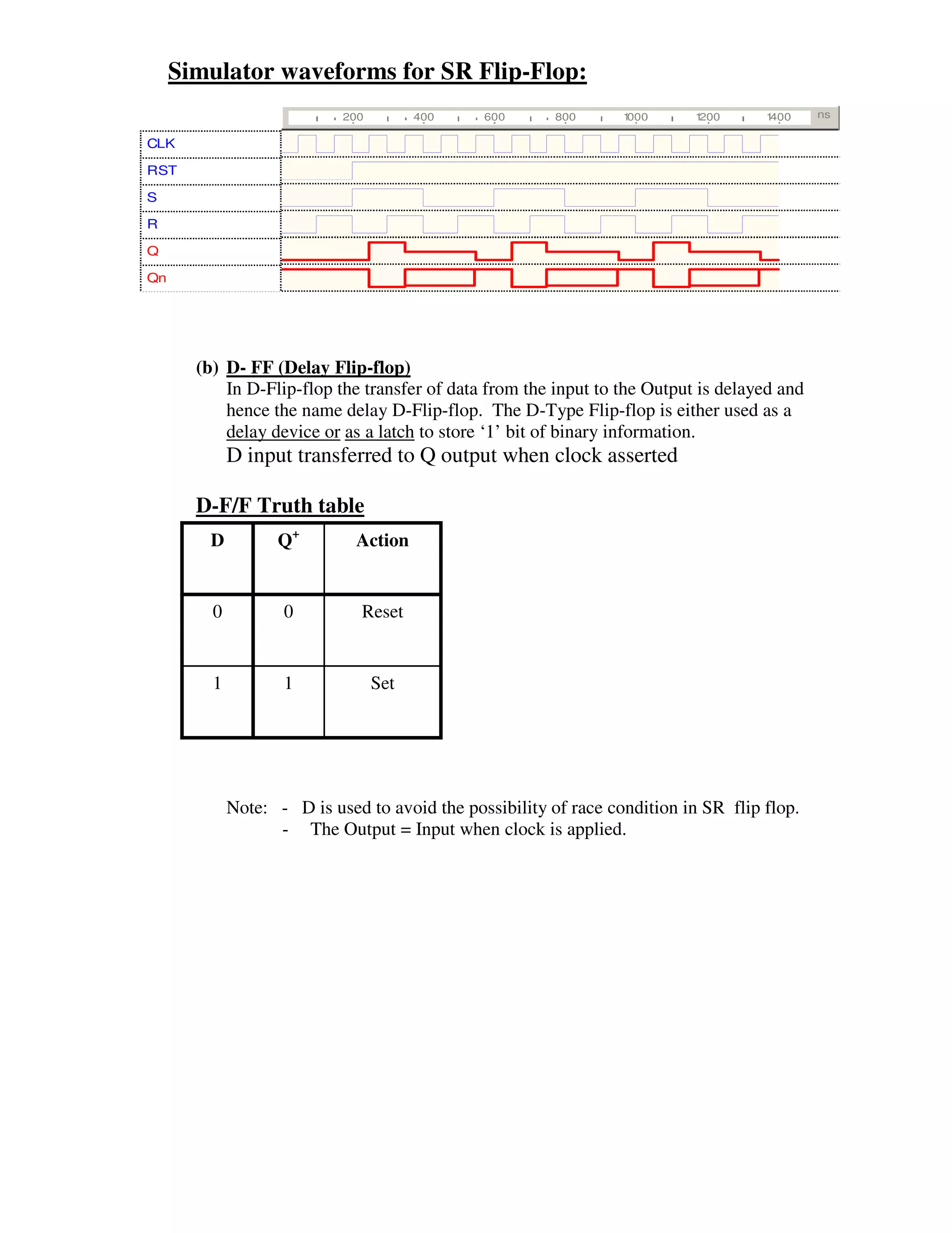 Simulator waveforms for SR Flip-Flop:
                            200         400    600       800      1000      1200     1400    ns

CLK

RST

S

R

Q

Qn




       (b) D- FF (Delay Flip-flop)
           In D-Flip-flop the transfer of data from the input to the Output is delayed and
           hence the name delay D-Flip-flop. The D-Type Flip-flop is either used as a
           delay device or as a latch to store ‘1’ bit of binary information.
             D input transferred to Q output when clock asserted

       D-F/F Truth table
         D         Q+         Action


         0          0          Reset


         1          1             Set




             Note: - D is used to avoid the possibility of race condition in SR flip flop.
                   - The Output = Input when clock is applied.
 