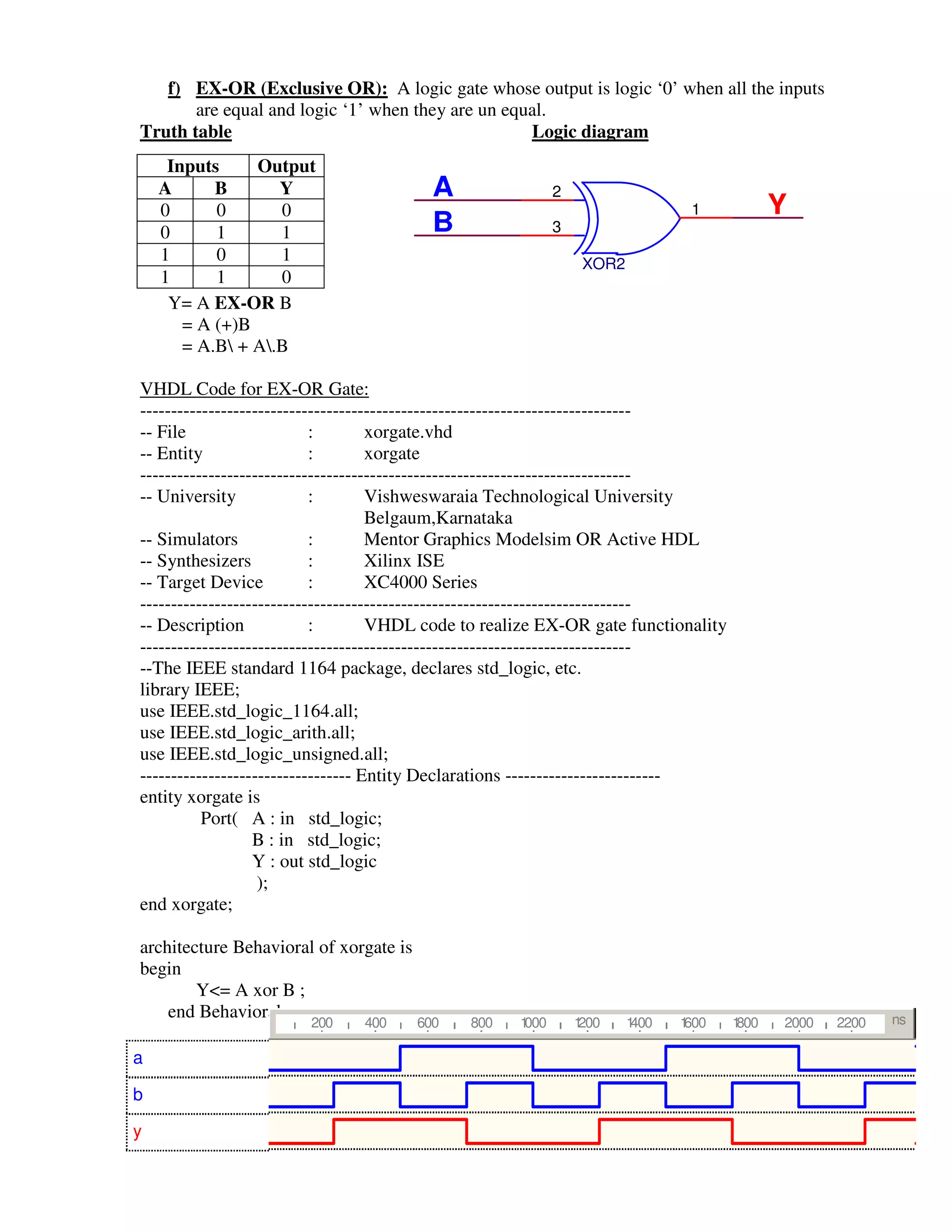 f) EX-OR (Exclusive OR): A logic gate whose output is logic ‘0’ when all the inputs
       are equal and logic ‘1’ when they are un equal.
Truth table                                        Logic diagram
     Inputs     Output
    A      B       Y                      A                2
    0      0       0                                                           1            Y
    0      1       1                      B                3
    1      0       1                                            XOR2
    1      1       0
     Y= A EX-OR B
       = A (+)B
       = A.B + A.B

VHDL Code for EX-OR Gate:
-------------------------------------------------------------------------------
-- File                    :        xorgate.vhd
-- Entity                  :        xorgate
-------------------------------------------------------------------------------
-- University              :        Vishweswaraia Technological University
                                    Belgaum,Karnataka
-- Simulators              :        Mentor Graphics Modelsim OR Active HDL
-- Synthesizers            :        Xilinx ISE
-- Target Device           :        XC4000 Series
-------------------------------------------------------------------------------
-- Description             :        VHDL code to realize EX-OR gate functionality
-------------------------------------------------------------------------------
--The IEEE standard 1164 package, declares std_logic, etc.
library IEEE;
use IEEE.std_logic_1164.all;
use IEEE.std_logic_arith.all;
use IEEE.std_logic_unsigned.all;
---------------------------------- Entity Declarations -------------------------
entity xorgate is
          Port( A : in std_logic;
                  B : in std_logic;
                  Y : out std_logic
                   );
end xorgate;

architecture Behavioral of xorgate is
begin
        Y<= A xor B ;
    end Behavioral;                                                                                       ns
                       200     400      600   800   1000       1200    1400   1600   1800   2000   2200

a

b

y
 
