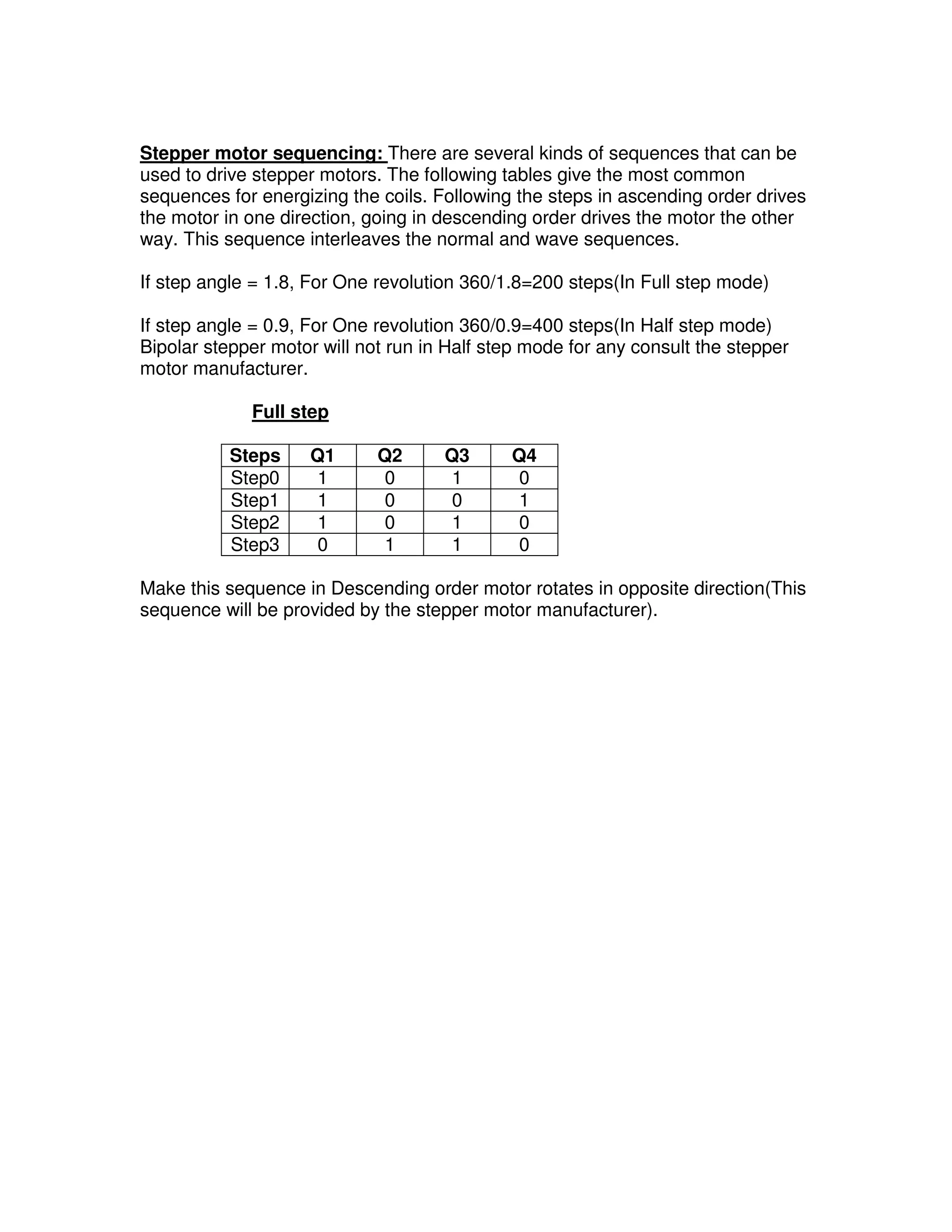 Stepper motor sequencing: There are several kinds of sequences that can be
used to drive stepper motors. The following tables give the most common
sequences for energizing the coils. Following the steps in ascending order drives
the motor in one direction, going in descending order drives the motor the other
way. This sequence interleaves the normal and wave sequences.

If step angle = 1.8, For One revolution 360/1.8=200 steps(In Full step mode)

If step angle = 0.9, For One revolution 360/0.9=400 steps(In Half step mode)
Bipolar stepper motor will not run in Half step mode for any consult the stepper
motor manufacturer.

             Full step

           Steps    Q1       Q2      Q3      Q4
           Step0    1         0       1      0
           Step1    1         0       0      1
           Step2    1         0       1      0
           Step3    0         1       1      0

Make this sequence in Descending order motor rotates in opposite direction(This
sequence will be provided by the stepper motor manufacturer).
 