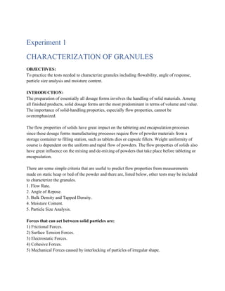 Experiment 1. CHARACTERIZATION OF GRANULES | PDF