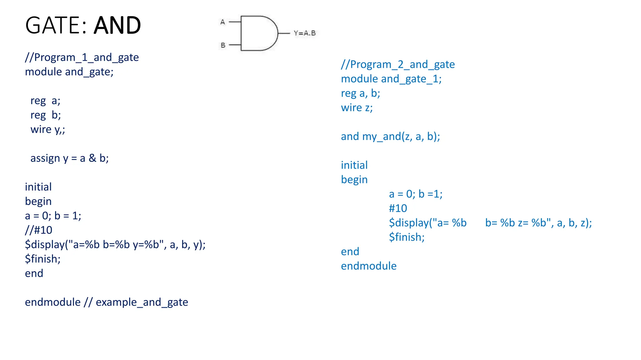 GATE: AND
//Program_1_and_gate
module and_gate;
reg a;
reg b;
wire y,;
assign y = a & b;
initial
begin
a = 0; b = 1;
//#10
$display("a=%b b=%b y=%b", a, b, y);
$finish;
end
endmodule // example_and_gate
//Program_2_and_gate
module and_gate_1;
reg a, b;
wire z;
and my_and(z, a, b);
initial
begin
a = 0; b =1;
#10
$display("a= %b b= %b z= %b", a, b, z);
$finish;
end
endmodule
 