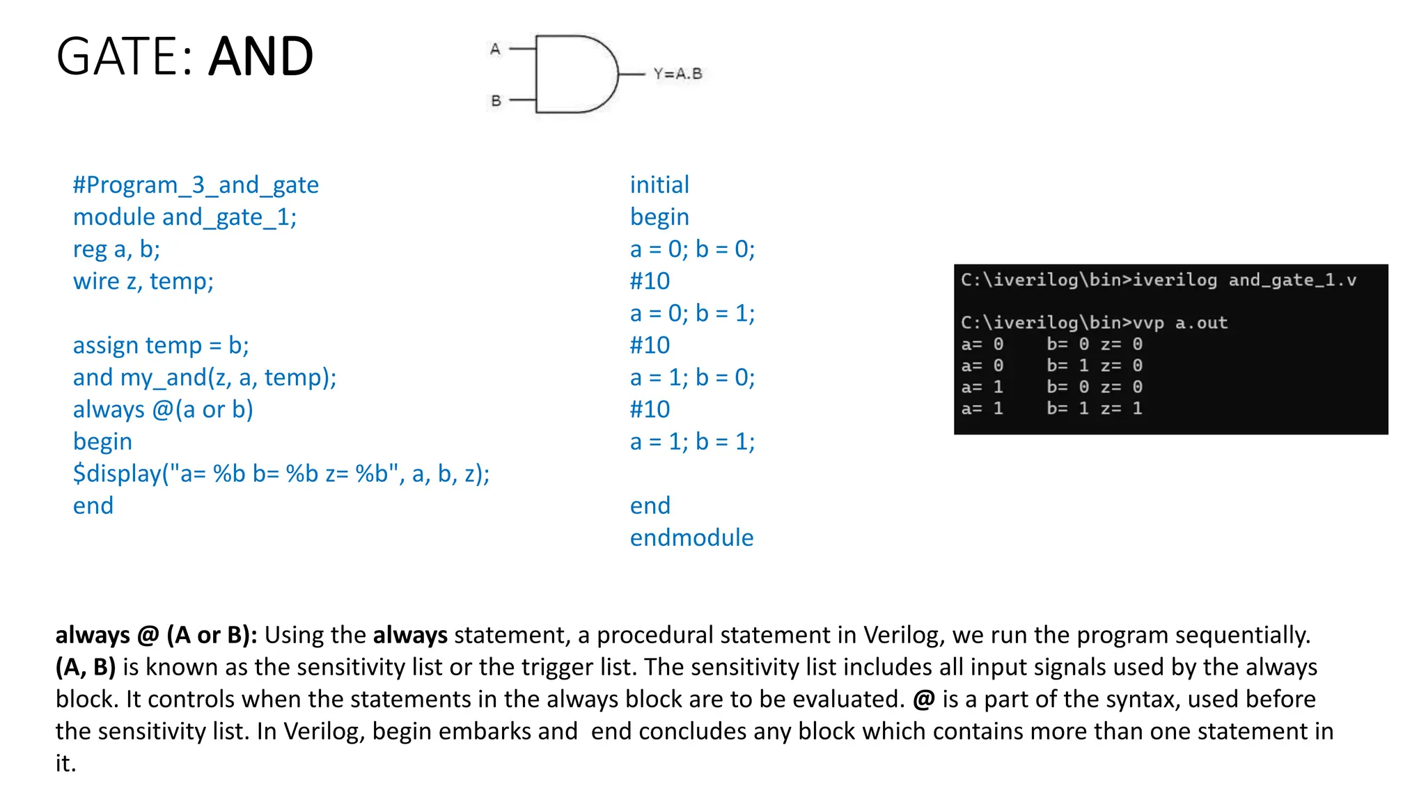 GATE: AND
#Program_3_and_gate
module and_gate_1;
reg a, b;
wire z, temp;
assign temp = b;
and my_and(z, a, temp);
always @(a or b)
begin
$display("a= %b b= %b z= %b", a, b, z);
end
initial
begin
a = 0; b = 0;
#10
a = 0; b = 1;
#10
a = 1; b = 0;
#10
a = 1; b = 1;
end
endmodule
always @ (A or B): Using the always statement, a procedural statement in Verilog, we run the program sequentially.
(A, B) is known as the sensitivity list or the trigger list. The sensitivity list includes all input signals used by the always
block. It controls when the statements in the always block are to be evaluated. @ is a part of the syntax, used before
the sensitivity list. In Verilog, begin embarks and end concludes any block which contains more than one statement in
it.
 