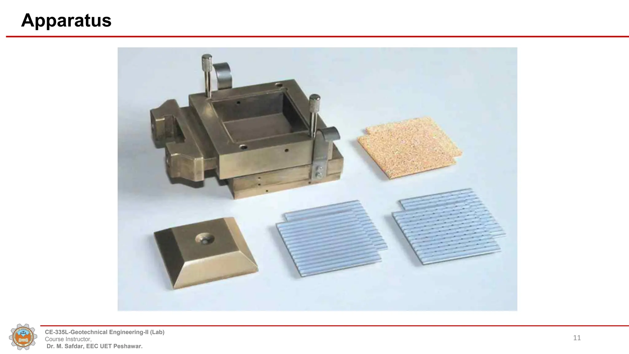 Apparatus
11
CE-335L-Geotechnical Engineering-II (Lab)
Course Instructor,
Dr. M. Safdar, EEC UET Peshawar.
 