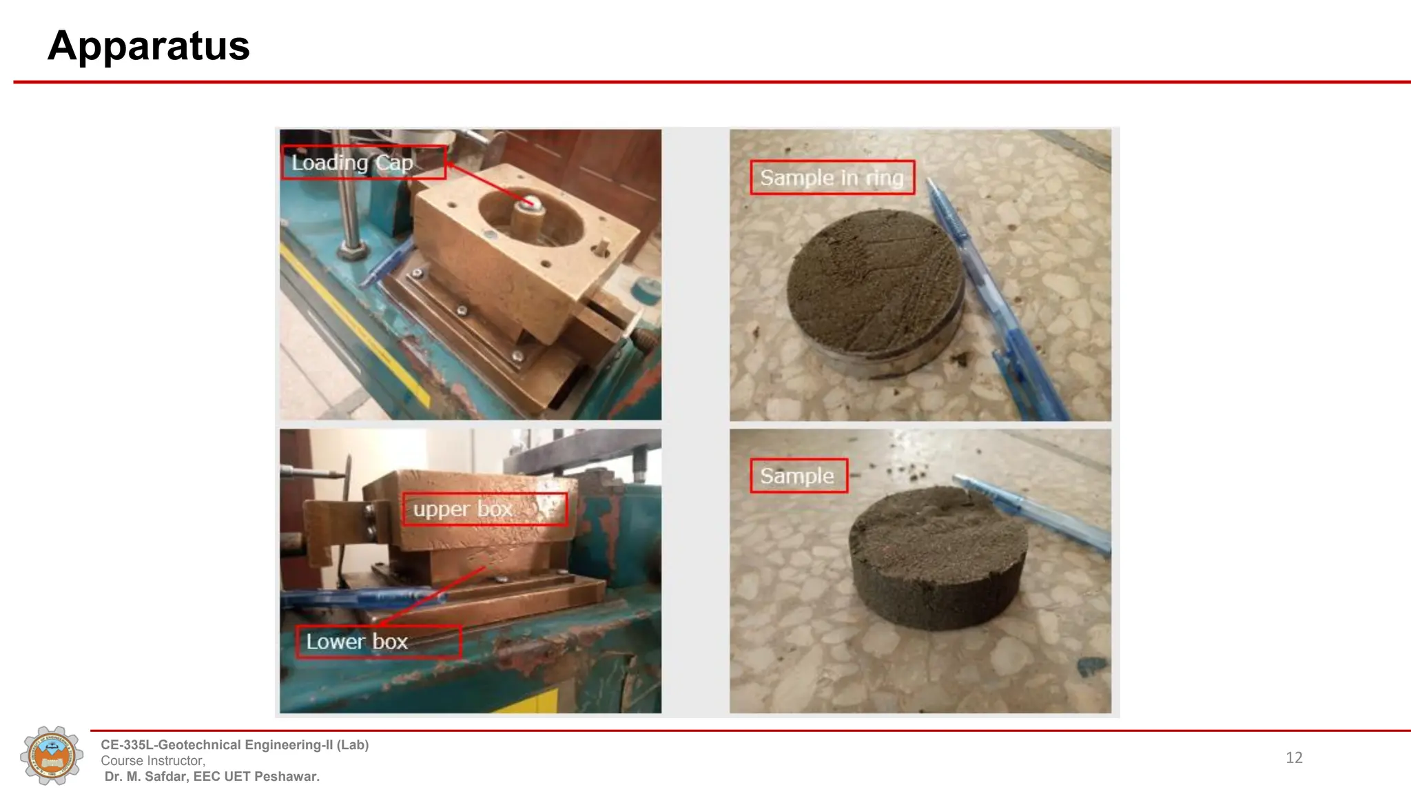 Apparatus
12
CE-335L-Geotechnical Engineering-II (Lab)
Course Instructor,
Dr. M. Safdar, EEC UET Peshawar.
 