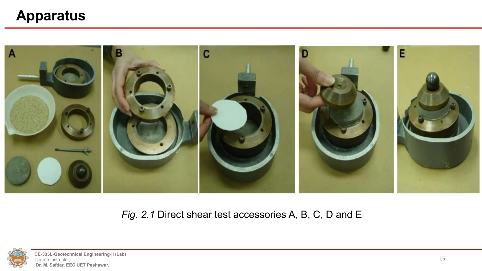 Apparatus
Fig. 2.1 Direct shear test accessories A, B, C, D and E
15
CE-335L-Geotechnical Engineering-II (Lab)
Course Instructor,
Dr. M. Safdar, EEC UET Peshawar.
 