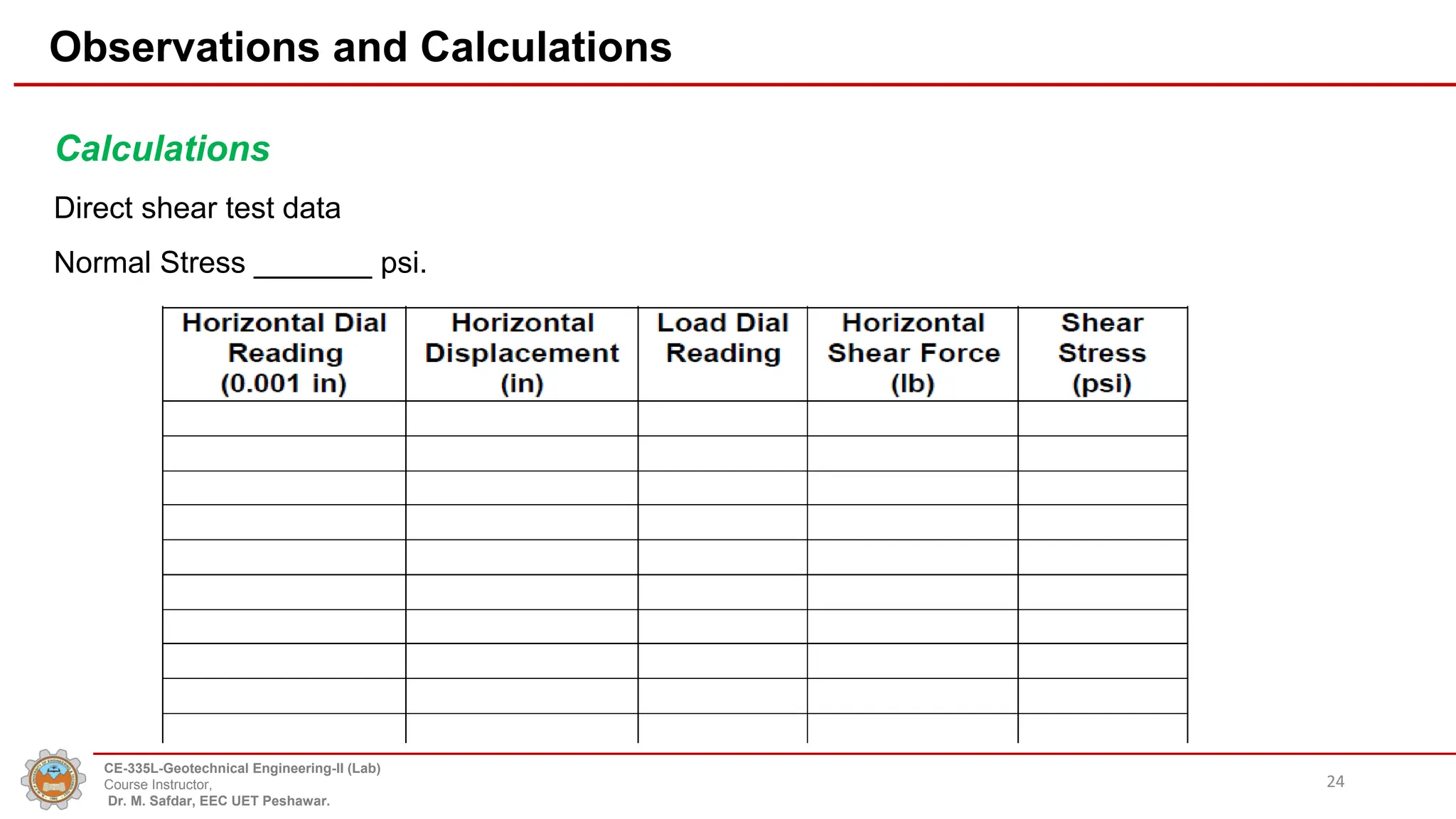 Observations and Calculations
Calculations
Direct shear test data
Normal Stress _______ psi.
24
CE-335L-Geotechnical Engineering-II (Lab)
Course Instructor,
Dr. M. Safdar, EEC UET Peshawar.
 