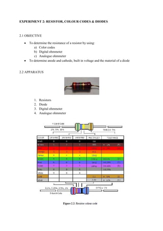 EXPERIMENT 2: RESISTOR, COLOUR CODES & DIODES



2.1 OBJECTIVE

     To determine the resistance of a resistor by using:
        a) Color codes
        b) Digital ohmmeter
        c) Analogue ohmmeter
     To determine anode and cathode, built in voltage and the material of a diode


2.2 APPARATUS




        1.   Resistors
        2.   Diode
        3.   Digital ohmmeter
        4.   Analogue ohmmeter
 