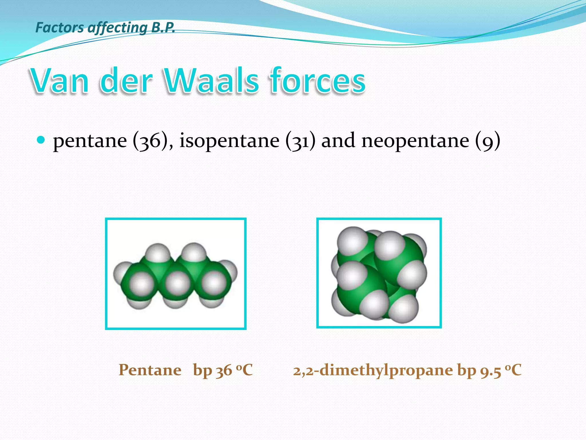  pentane (36), isopentane (31) and neopentane (9)
Pentane bp 36 oC 2,2-dimethylpropane bp 9.5 oC
Factors affecting B.P.
 