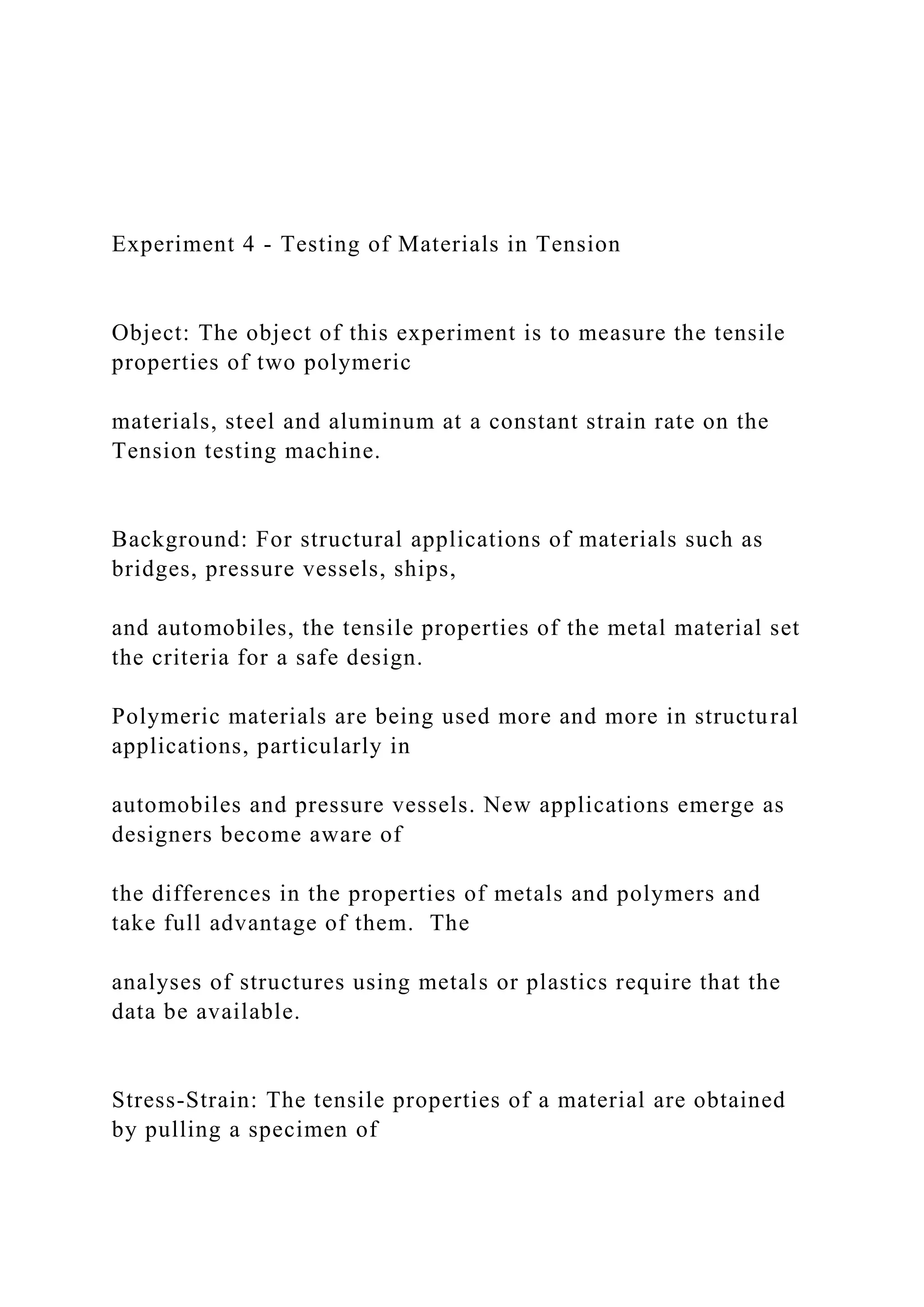 Experiment 4 Testing of Materials in Tension Object .docx