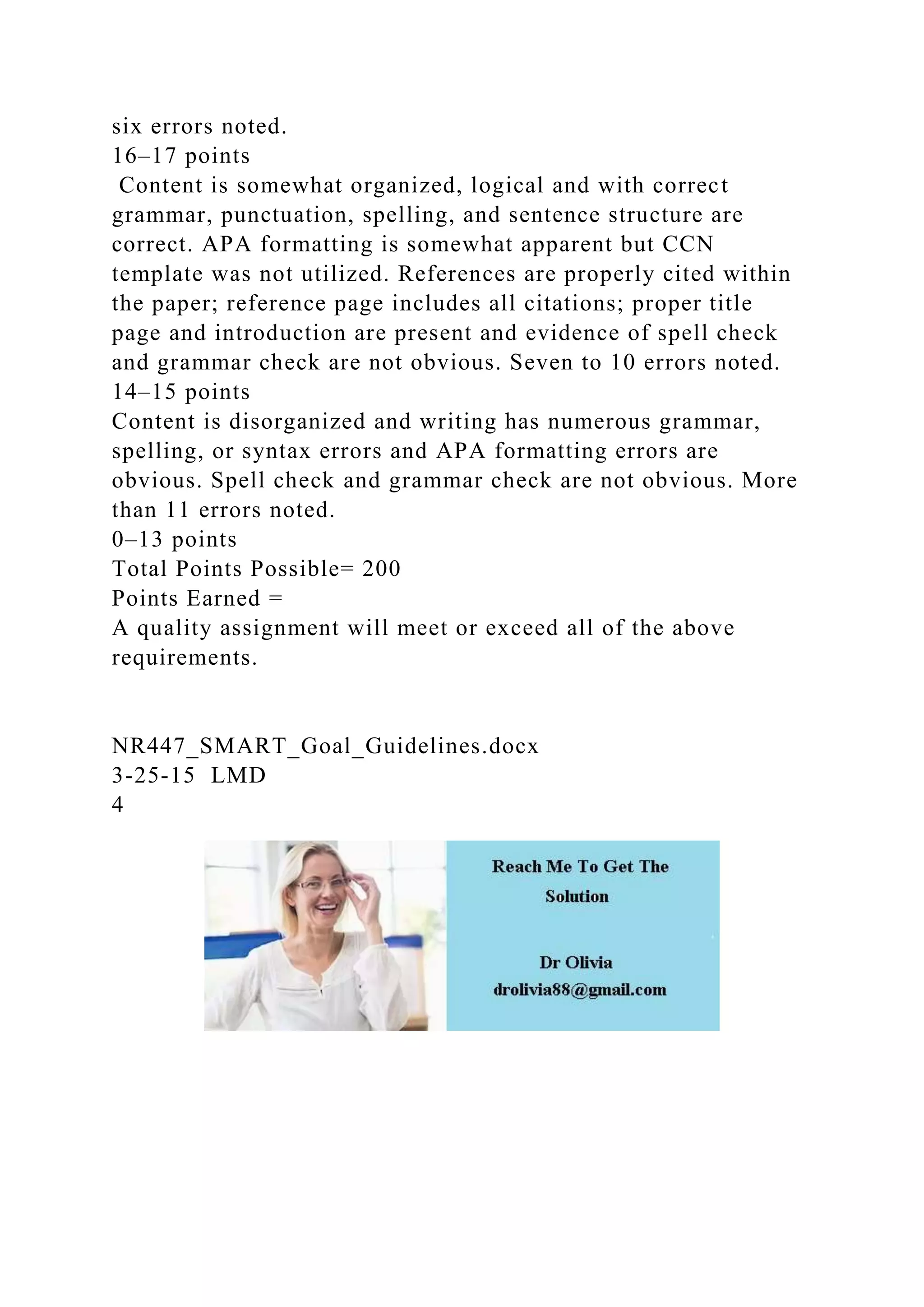 six errors noted.
16–17 points
Content is somewhat organized, logical and with correct
grammar, punctuation, spelling, and sentence structure are
correct. APA formatting is somewhat apparent but CCN
template was not utilized. References are properly cited within
the paper; reference page includes all citations; proper title
page and introduction are present and evidence of spell check
and grammar check are not obvious. Seven to 10 errors noted.
14–15 points
Content is disorganized and writing has numerous grammar,
spelling, or syntax errors and APA formatting errors are
obvious. Spell check and grammar check are not obvious. More
than 11 errors noted.
0–13 points
Total Points Possible= 200
Points Earned =
A quality assignment will meet or exceed all of the above
requirements.
NR447_SMART_Goal_Guidelines.docx
3-25-15 LMD
4
 