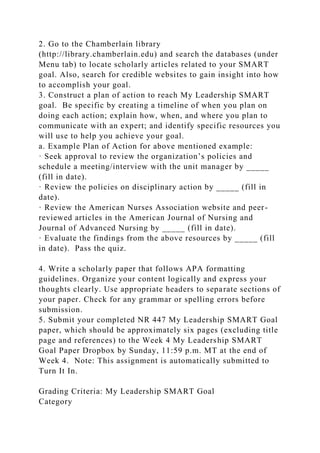 2. Go to the Chamberlain library
(http://library.chamberlain.edu) and search the databases (under
Menu tab) to locate scholarly articles related to your SMART
goal. Also, search for credible websites to gain insight into how
to accomplish your goal.
3. Construct a plan of action to reach My Leadership SMART
goal. Be specific by creating a timeline of when you plan on
doing each action; explain how, when, and where you plan to
communicate with an expert; and identify specific resources you
will use to help you achieve your goal.
a. Example Plan of Action for above mentioned example:
· Seek approval to review the organization’s policies and
schedule a meeting/interview with the unit manager by _____
(fill in date).
· Review the policies on disciplinary action by _____ (fill in
date).
· Review the American Nurses Association website and peer-
reviewed articles in the American Journal of Nursing and
Journal of Advanced Nursing by _____ (fill in date).
· Evaluate the findings from the above resources by _____ (fill
in date). Pass the quiz.
4. Write a scholarly paper that follows APA formatting
guidelines. Organize your content logically and express your
thoughts clearly. Use appropriate headers to separate sections of
your paper. Check for any grammar or spelling errors before
submission.
5. Submit your completed NR 447 My Leadership SMART Goal
paper, which should be approximately six pages (excluding title
page and references) to the Week 4 My Leadership SMART
Goal Paper Dropbox by Sunday, 11:59 p.m. MT at the end of
Week 4. Note: This assignment is automatically submitted to
Turn It In.
Grading Criteria: My Leadership SMART Goal
Category
 