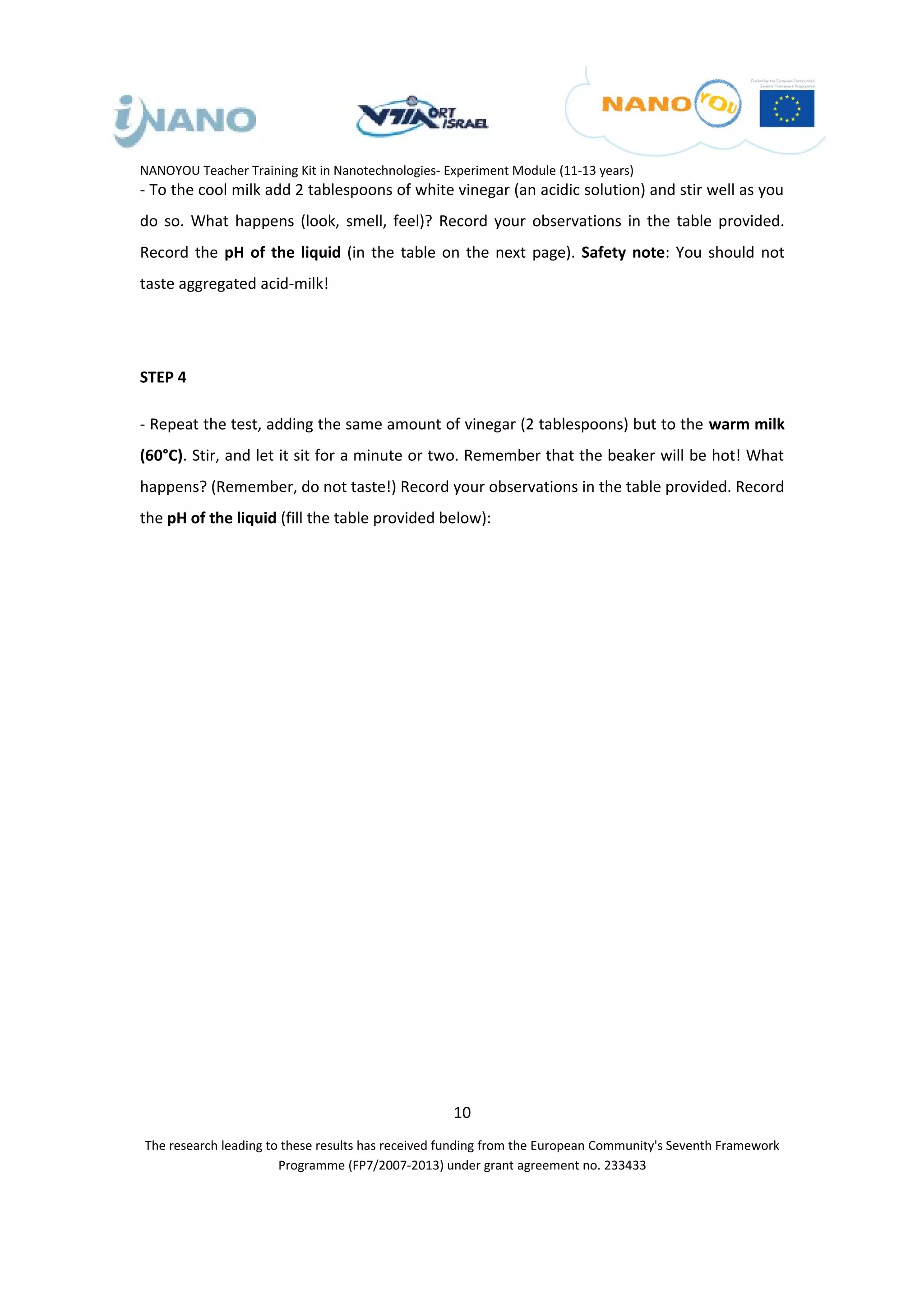 NANOYOU Teacher Training Kit in Nanotechnologies- Experiment Module (11-13 years)
- To the cool milk add 2 tablespoons of white vinegar (an acidic solution) and stir well as you
do so. What happens (look, smell, feel)? Record your observations in the table provided.
Record the pH of the liquid (in the table on the next page). Safety note: You should not
taste aggregated acid-milk!




STEP 4

- Repeat the test, adding the same amount of vinegar (2 tablespoons) but to the warm milk
(60°C). Stir, and let it sit for a minute or two. Remember that the beaker will be hot! What
happens? (Remember, do not taste!) Record your observations in the table provided. Record
the pH of the liquid (fill the table provided below):




                                                   10
The research leading to these results has received funding from the European Community's Seventh Framework
                       Programme (FP7/2007-2013) under grant agreement no. 233433
 