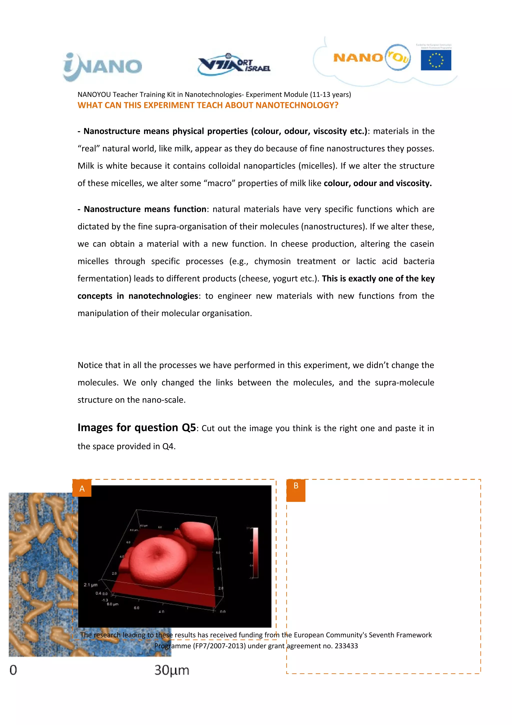 NANOYOU Teacher Training Kit in Nanotechnologies- Experiment Module (11-13 years)
WHAT CAN THIS EXPERIMENT TEACH ABOUT NANOTECHNOLOGY?

- Nanostructure means physical properties (colour, odour, viscosity etc.): materials in the
“real” natural world, like milk, appear as they do because of fine nanostructures they posses.
Milk is white because it contains colloidal nanoparticles (micelles). If we alter the structure
of these micelles, we alter some “macro” properties of milk like colour, odour and viscosity.

- Nanostructure means function: natural materials have very specific functions which are
dictated by the fine supra-organisation of their molecules (nanostructures). If we alter these,
we can obtain a material with a new function. In cheese production, altering the casein
micelles through specific processes (e.g., chymosin treatment or lactic acid bacteria
fermentation) leads to different products (cheese, yogurt etc.). This is exactly one of the key
concepts in nanotechnologies: to engineer new materials with new functions from the
manipulation of their molecular organisation.




Notice that in all the processes we have performed in this experiment, we didn’t change the
molecules. We only changed the links between the molecules, and the supra-molecule
structure on the nano-scale.


Images for question Q5: Cut out the image you think is the right one and paste it in
the space provided in Q4.



A                                                               B




                                                   17
The research leading to these results has received funding from the European Community's Seventh Framework
                       Programme (FP7/2007-2013) under grant agreement no. 233433
 